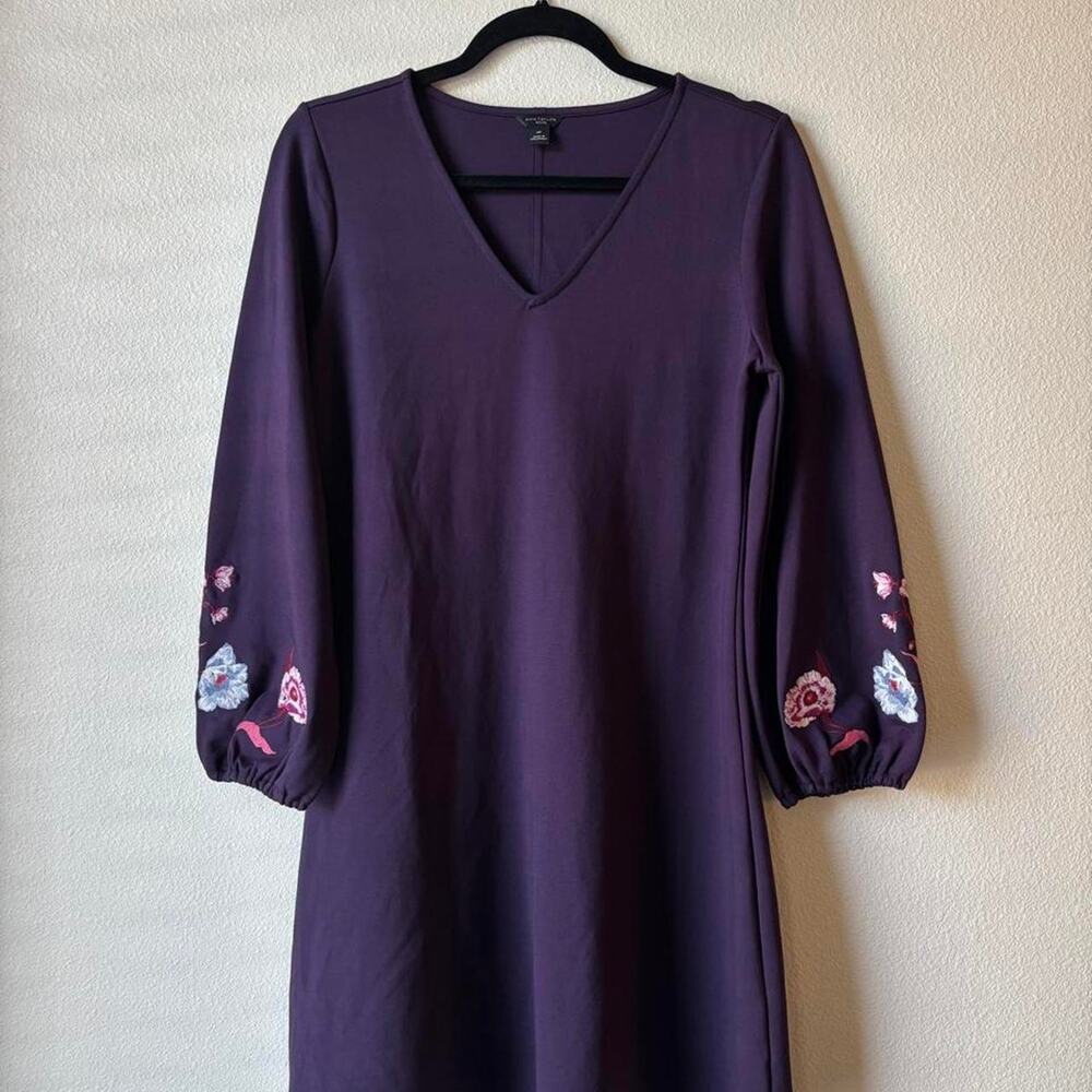 Ann Taylor Purple Floral Embroidered Dress Cottagecore Cinched Balloon Sleeves